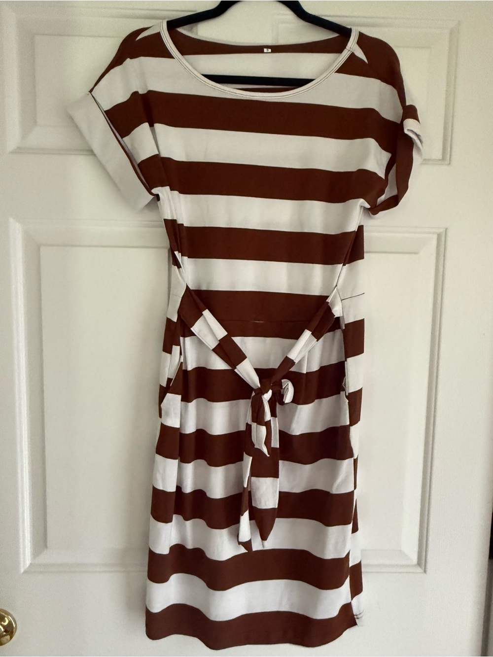 Striped Tie-Waist Midi Dress in Brown and White